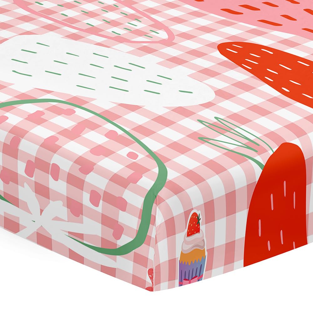 Odot Cot Bed Fitted Sheets Travel Cot Sheets, Cute Strawberry Print Microfiber Mattress Protector Cozy Breathable Toddler Baby Kids Bedding for Cradle, Cribs, Bassinet (Pink Plaid,80x160cm)