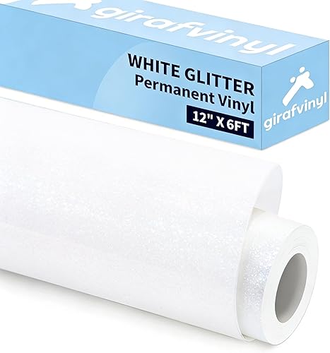 GIRAFVINYL Rollo de vinilo adhesivo de vinilo blanco con purpurina permanente, 12 pulgadas x 6 pies, vinilo permanente brillante para cortador de
