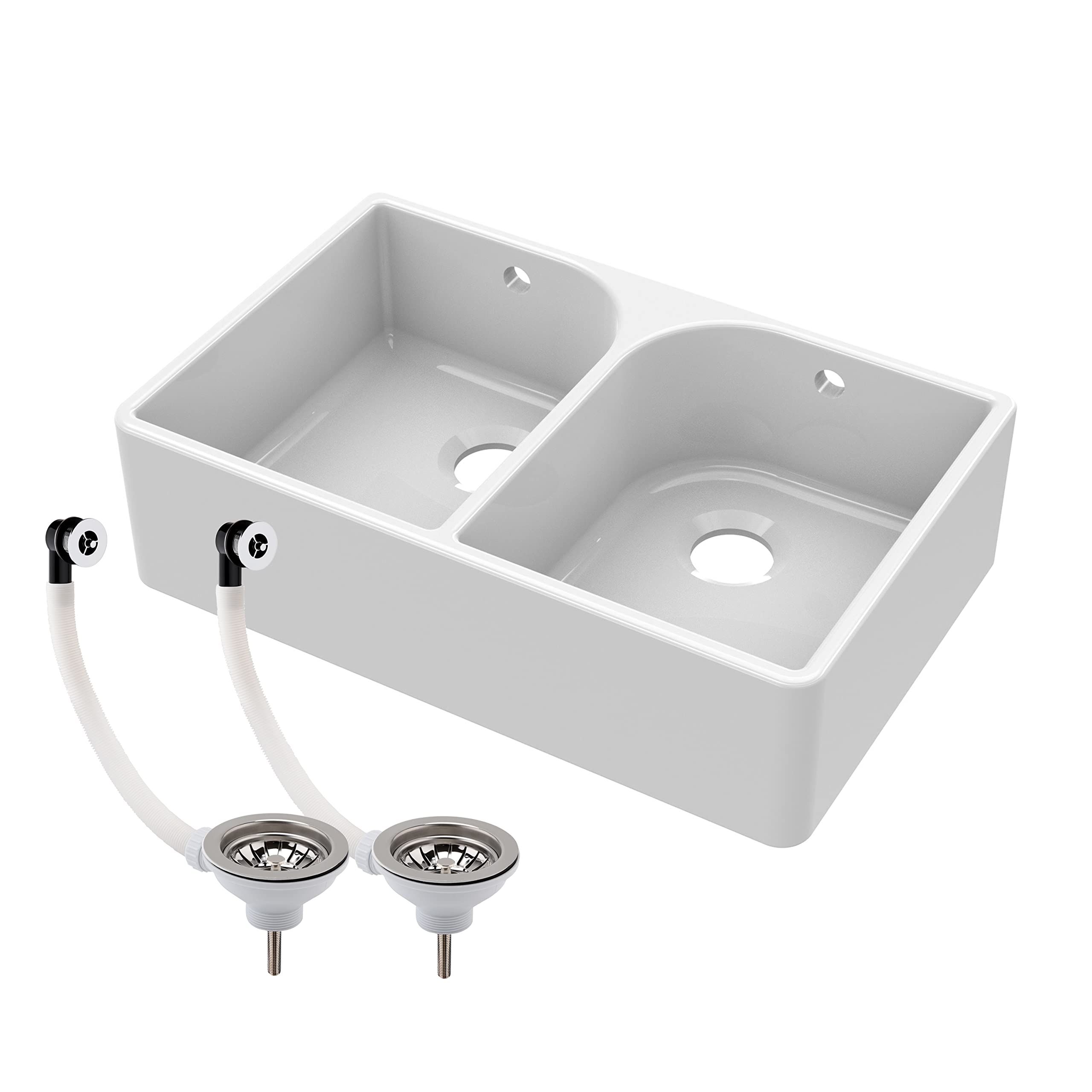 Balterley White 795Mm Belfast Kitchen Sink Double Bowl With Full Weir And 2 Wastes With Overflow, Durable Durable Fireclay Belfast Ceramic Kitchen Sink Bowl - 795 X 500 X 220Mm (White)