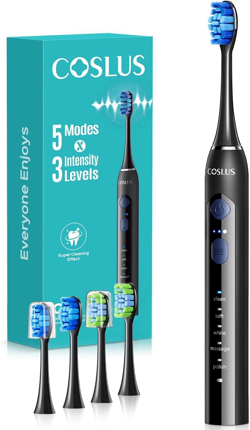 Sonic Electric Toothbrush for Adults: 3 Intensities & 5 Modes Gum-Friendly for Deep Cleaning & Whitening - 2 Types of Heads for Family, Sensitive Teeth, Braces, Travel & Home Use, Black