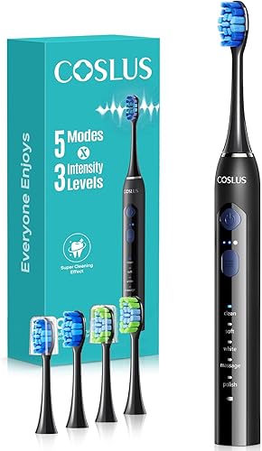 COSLUS Sonic Electric Toothbrush for Adults: 3 Intensities & 5 Modes Customized for Effective Yet Gentle Cleaning - 2 Types of Heads for Gentle or Daily Care, Travel & Family Home Use, Black, 1PC