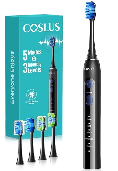 COSLUS Sonic Electric Toothbrush for Adults: 3 Intensities & 5 Modes Gum-Friendly for Deep Cleaning & Whitening - 2 Types of Heads for Family, Sensitive Teeth, Braces, Travel & Home Use, Black
