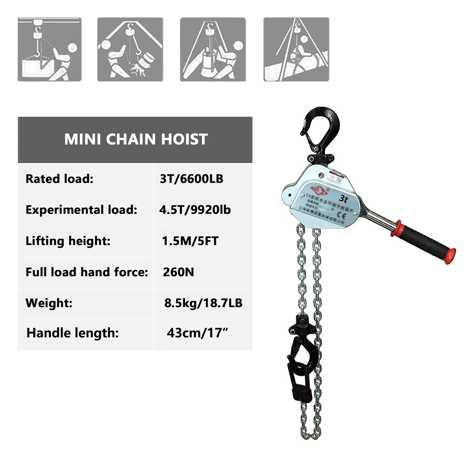 Sollevatore manuale a catena G80 Manganese Heavy Duty Ganci 1,5 m 5FT Catena in alluminio 3T (6000 libbre) Capacità ideale per attrezzature di sollevamento garage e uso industriale.