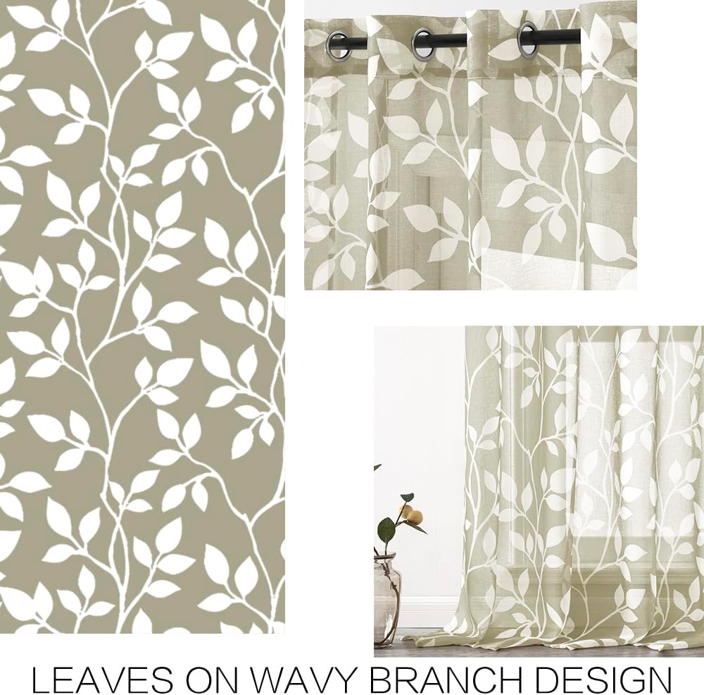 XTMYI Neutral Curtains for Dining Room 84 Inch Length 2 Panels,Earthy Tone Leaf Patterned Boho Sheer Country Rustic Curtains for Living Room,Light Brown Taupe
