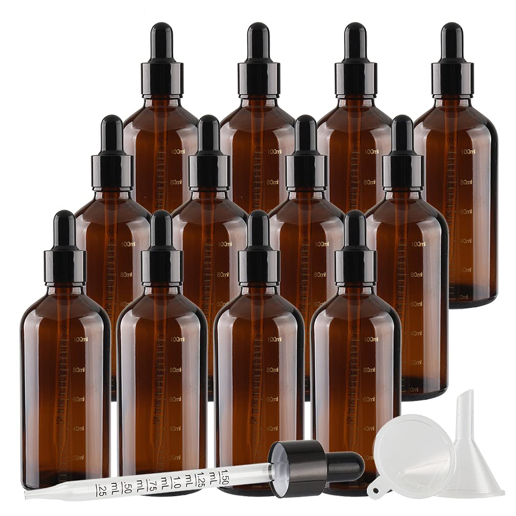 12 Pieza 100ml Marrón Cuentagota Botellas de Cristal con Pipeta Calibrado 100 ml Frasco Cuentagotas Cristal Botella de Vidrio Calibrada con Cuentagotas para Aceite Esencial Aromaterapia