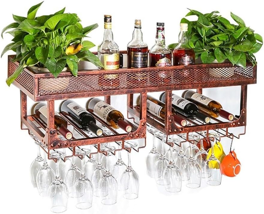 Storage Rack Wine Racks Wall Holder Metal Double Layer | Hanging Wine Glass Tray Holder Large | Vintage Rustic Wine Holder for Kitchen/Bar/Restaurant(Long:100cm) (Color : Bronze) Shelves