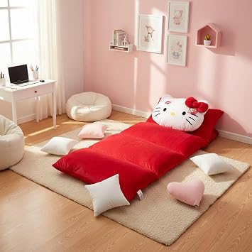 Aymax, Hello Kitty Red Mattress Cushion - Soft and Fluffy Floor Cushion - Ideal for Relaxation and Nap