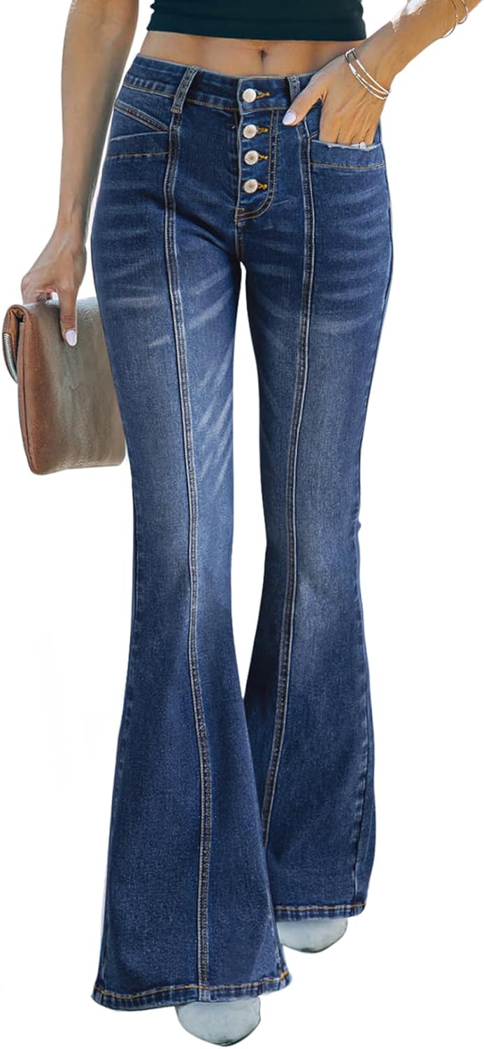 Sidefeel Women's High Waisted Jeans Wide Leg Button Fly Bell Bottoms Flared Zimbaplatinum Denim Pants