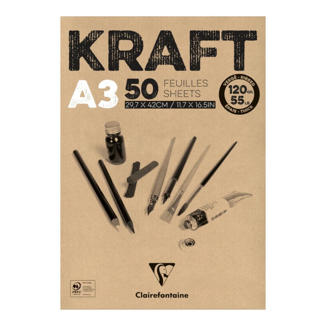 Clairefontaine - Ref 975816C - Kraft Paper Pad (50 Sheets) - A3 (420 x 297mm) Size, 120gsm Paper, Acid Free, pH Neutral - Suitable for Painting & Drawing - Brown