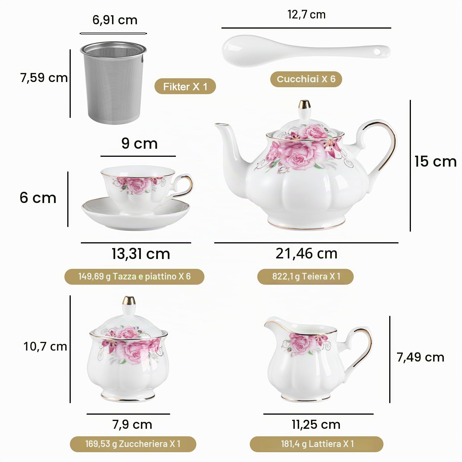 Sweejar Home Set da tè in porcellana, 21 pezzi, tazze da tè e piattini, set da 6, regalo floreale vintage per adulti, brocca e cucchiai, adatto per tea party pomeridiano (camelia)