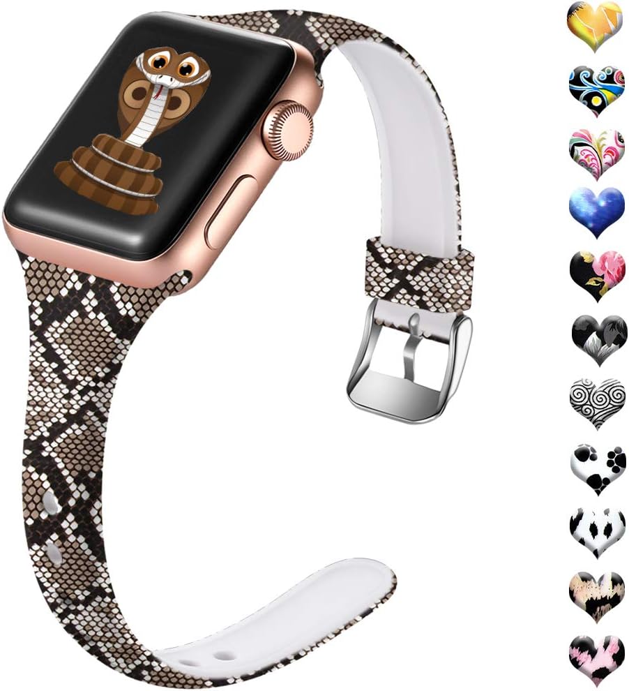 Henva Slim Band Compatible with Apple Watch SE Band 42mm 44mm for Men Women, Soft Silicone Replacement Thin Strap with Fadeless Print Pattern for iWatch 6/5/4/3/2/1, Brown Snake, M/L