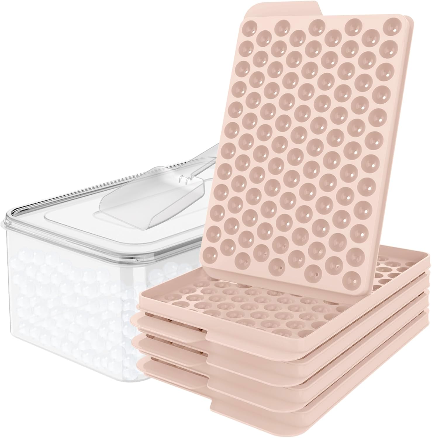 WIBIMEN Mini Ice Cube Trays, 0.55” Tiny Pebble Ice for Iced Coffee & Cocktails, Fast Chill, Easy Twist Release, Stackable with Lid & Storage Bin (4 Pack, Pink)