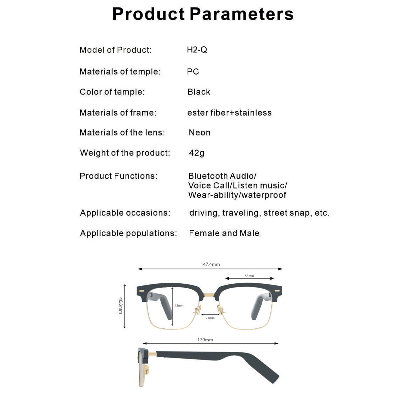 Wakects H2Q Gafas de Sol con Audio Inalámbrico, IP64 Resistente Al Agua