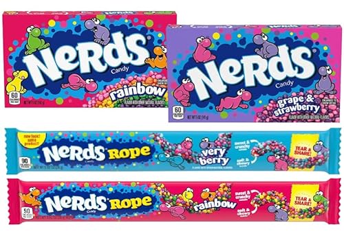 Nerds Süßigkeiten Mix – 4er Set (334 g) US Candy Box – Nerds Theater Box Candy & Ropes in Rainbow & Very Berry – Amerikanische Süßigkeiten Auswahl – inkl. Naschwerk® Sticker Nerds Süßigkeiten Mix – 4er Set (334 g) US Candy Box – Nerds Theater Box Candy & Ropes in Rainbow & Very Berry – Amerikanische Süßigkeiten Auswahl – inkl. Naschwerk® Sticker