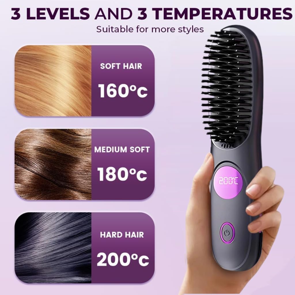 Cordless Hair Straightener Brush for Short Hair, Mini Portable Straightening Brush, 3 Heat Settings with LED Display, USB Rechargeable Travel Hair Brush – Go Brush Pro 2026 (Black) - Image 4