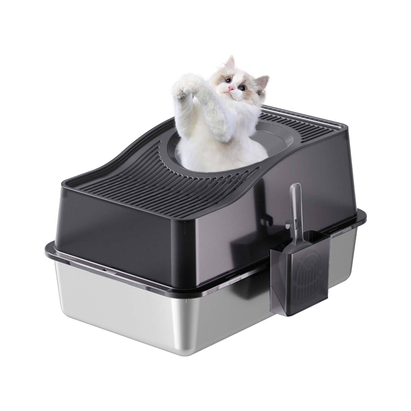 Crevyteg Stainless Steel Cat Litter Box, Fully Enclosed Litter Boxes with Hollow Lid And Heightened Lid Anti-Splashing, Top-Entry Deodorizing Large Cat Toilet,Black, Basin 20cm High, 60 x 40 x 34.5cm