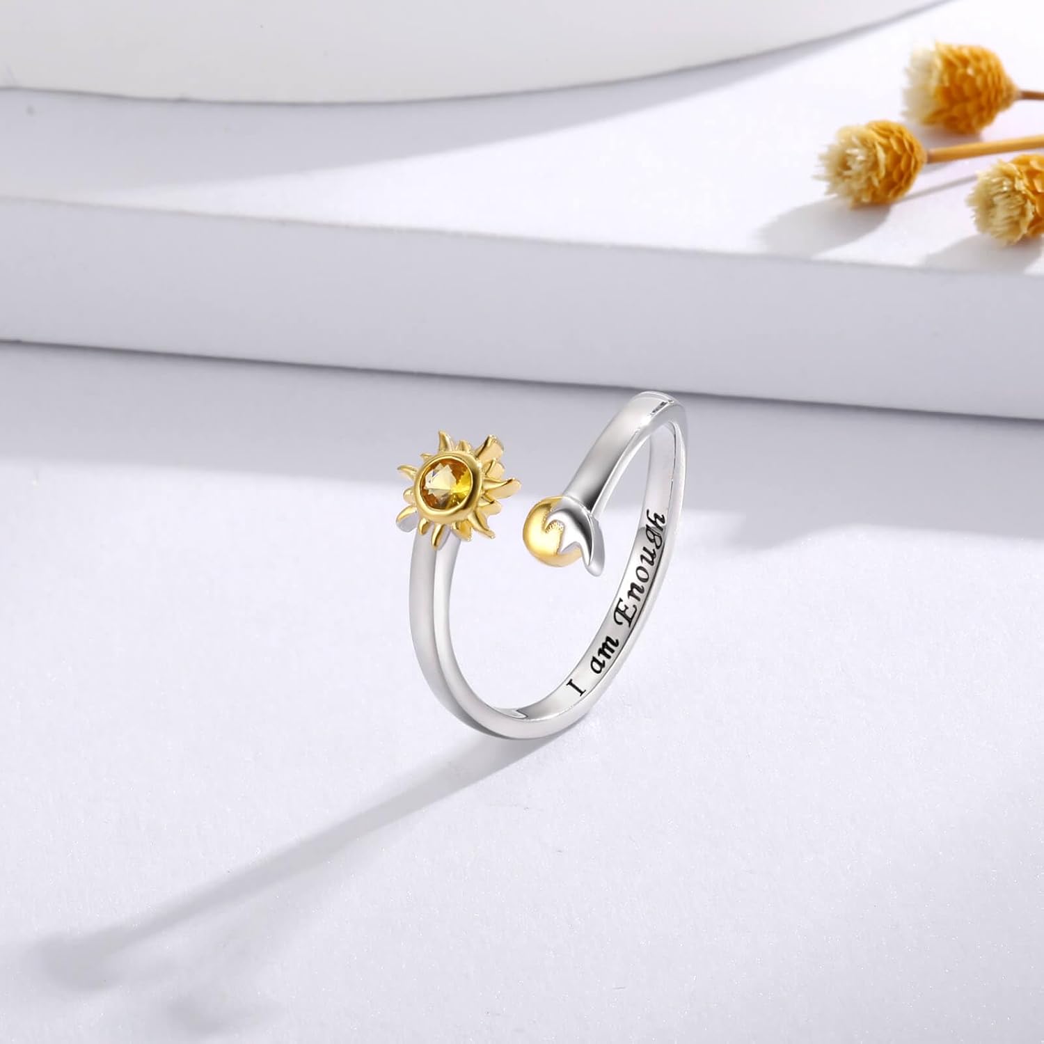 925 Sterling Silver Semicolon Ring - Gold Sun Wave Rings Engraved Keep Going Jewelry Inspirational Gifts for Women
