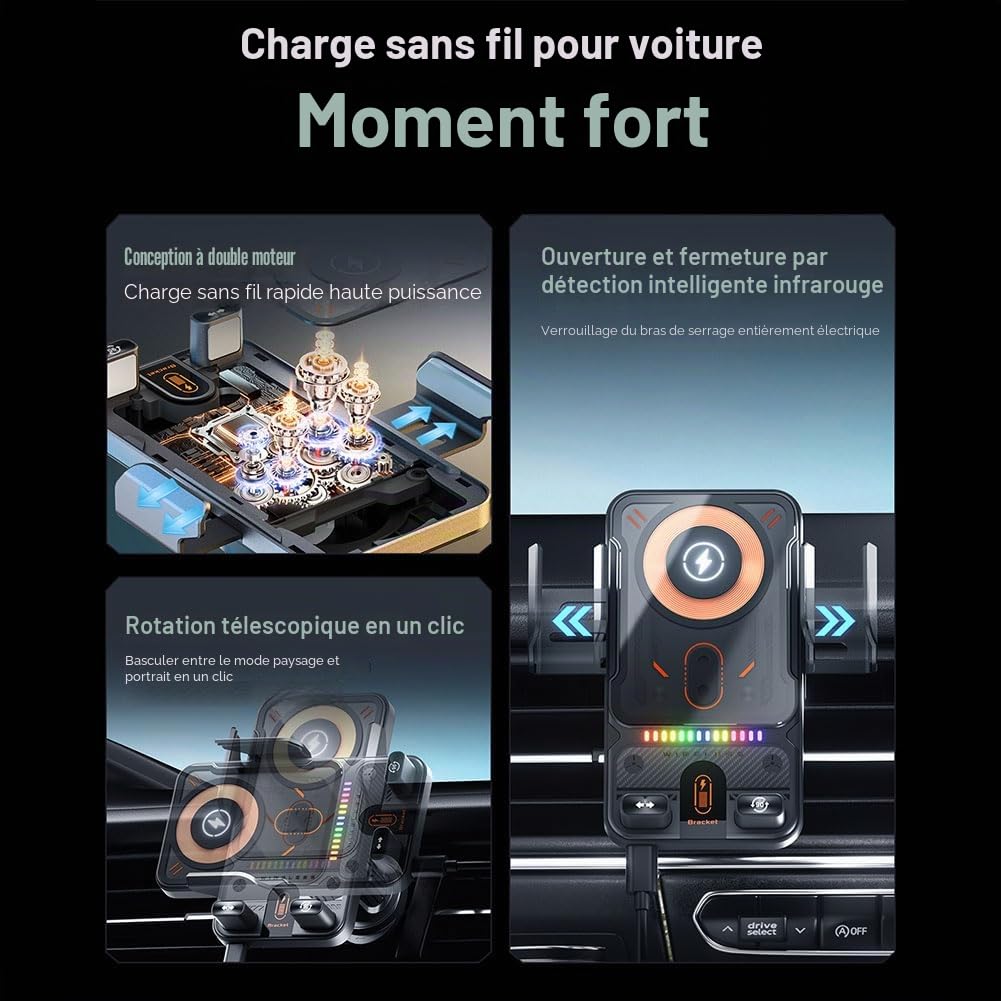 Chargeur de voiture sans fil 15 W et support de téléphone, support de chargeur de voiture sans fil, serrage automatique, installation de sortie d'air (noir)