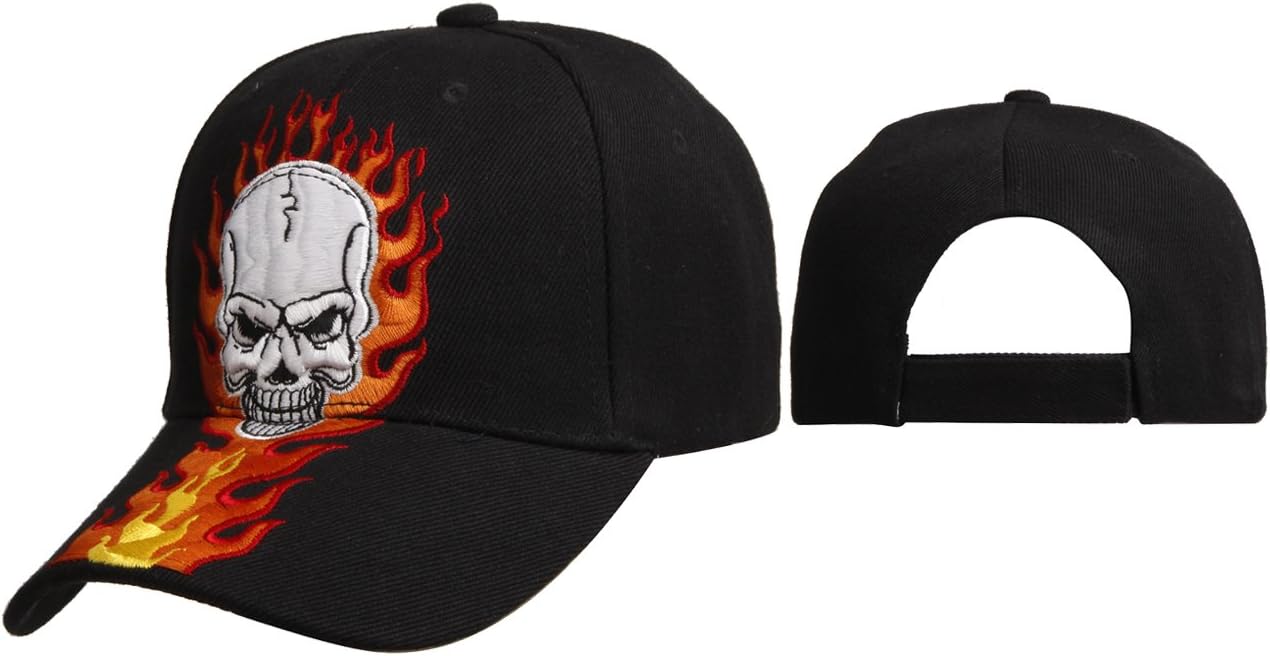 Skull & Flames Baseball Cap Hat Light Gray/ Black with High Density 3D Embroidery on front panel, Adjustable (Black)