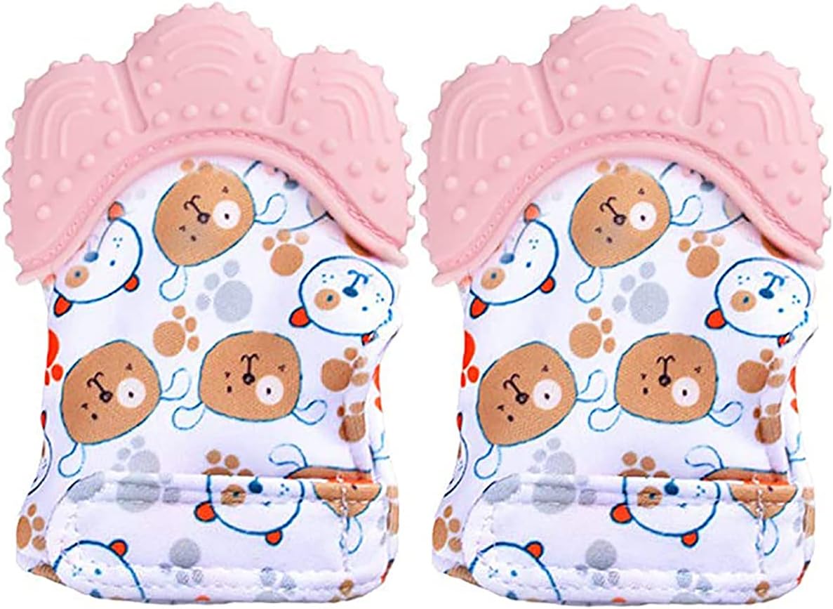 DELFINO2 Pack Teething Mittens, Mitten Teether Toy, Infant Teething Mitt Set, Washable & Durable Teething Mitt Prevent Scratches Protection Gloves(Pink)