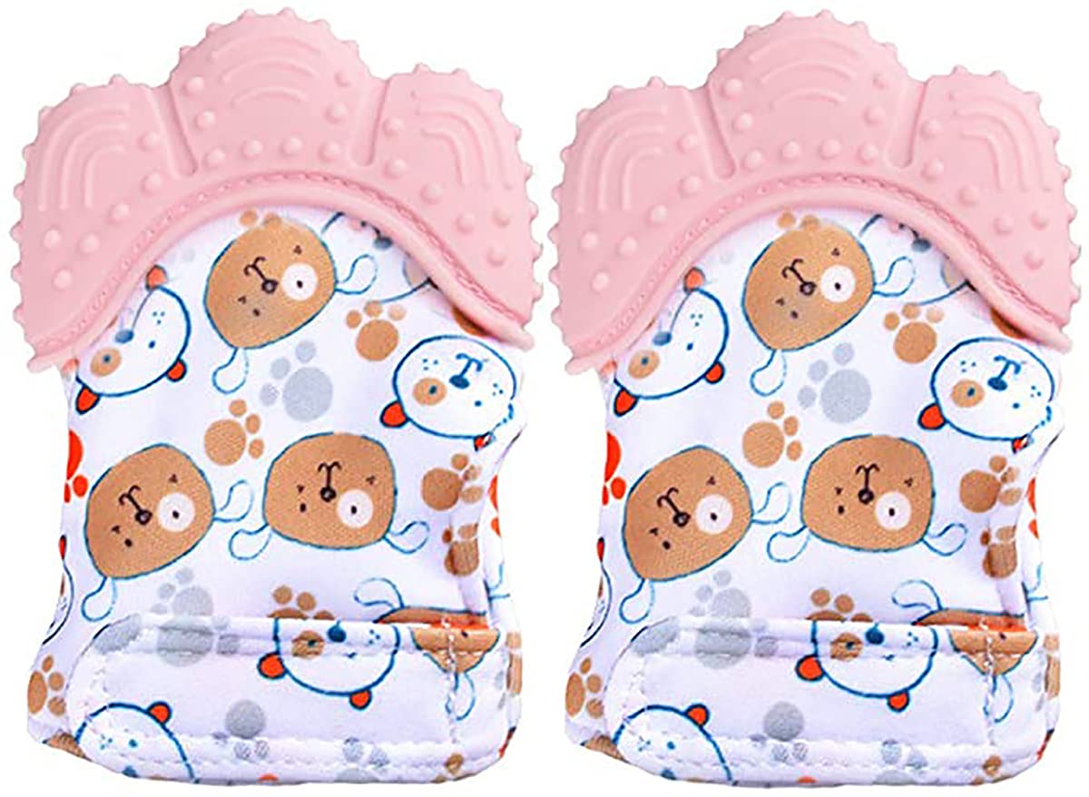 DELFINO2 Pack Teething Mittens, Mitten Teether Toy, Infant Teething Mitt Set, Washable & Durable Teething Mitt Prevent Scratches Protection Gloves(Pink)