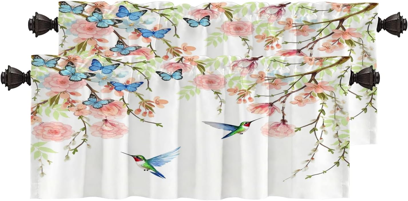 Pink Japanese Flowers Birds Kitchen Valances for Windows,Blue White Style Cherry Blossoms Blackout Valances Curtains Multilayer Polyester Drapes for Kitchen Bedroom 2 Pack 52X18 Inches