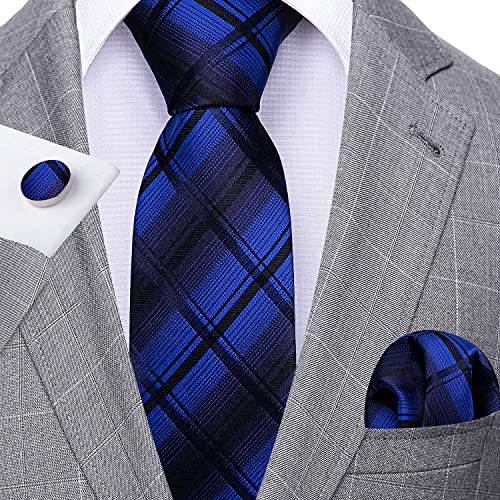 Image of Barry.Wang Plaid Ties for Men Silk Necktie Handkerchief Cuff Links Set