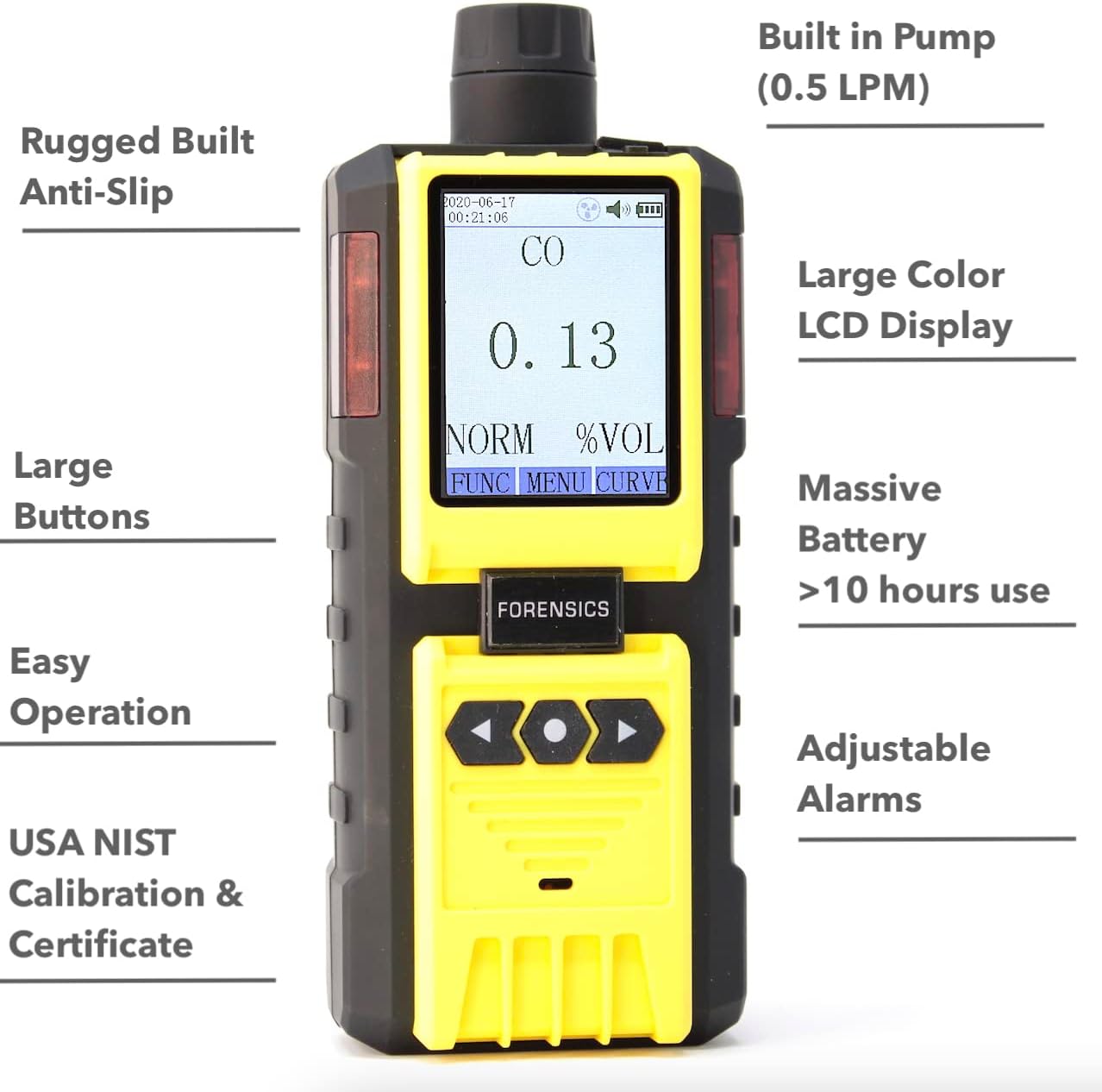 Exhaust Gas Analyzer Carbon Monoxide by Forensics Detectors | Motorcycle, Forklift, Automotive, Small Engine | USA NIST Calibration and Certificate | Probe, Water Trap and Filters | 0-2% CO |