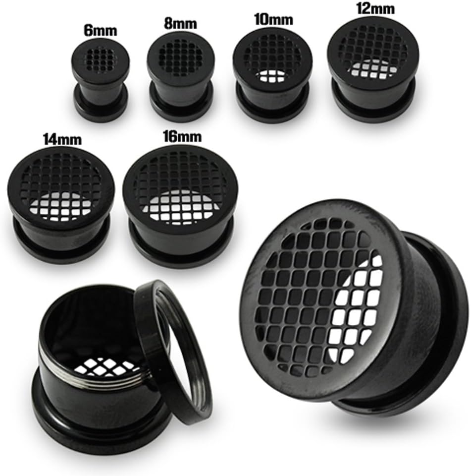 Black Anodized Cut out Checker Surgical Steel Flesh Tunnel Gauge Ear Piercing Body Jewelry