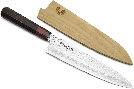 Yoshihiro VG-10 46 Layers Hammered Damascus Gyuto Japanese Chefs Knife (Octagonal Shitan Rosewood Handle) (8.25" (210mm)