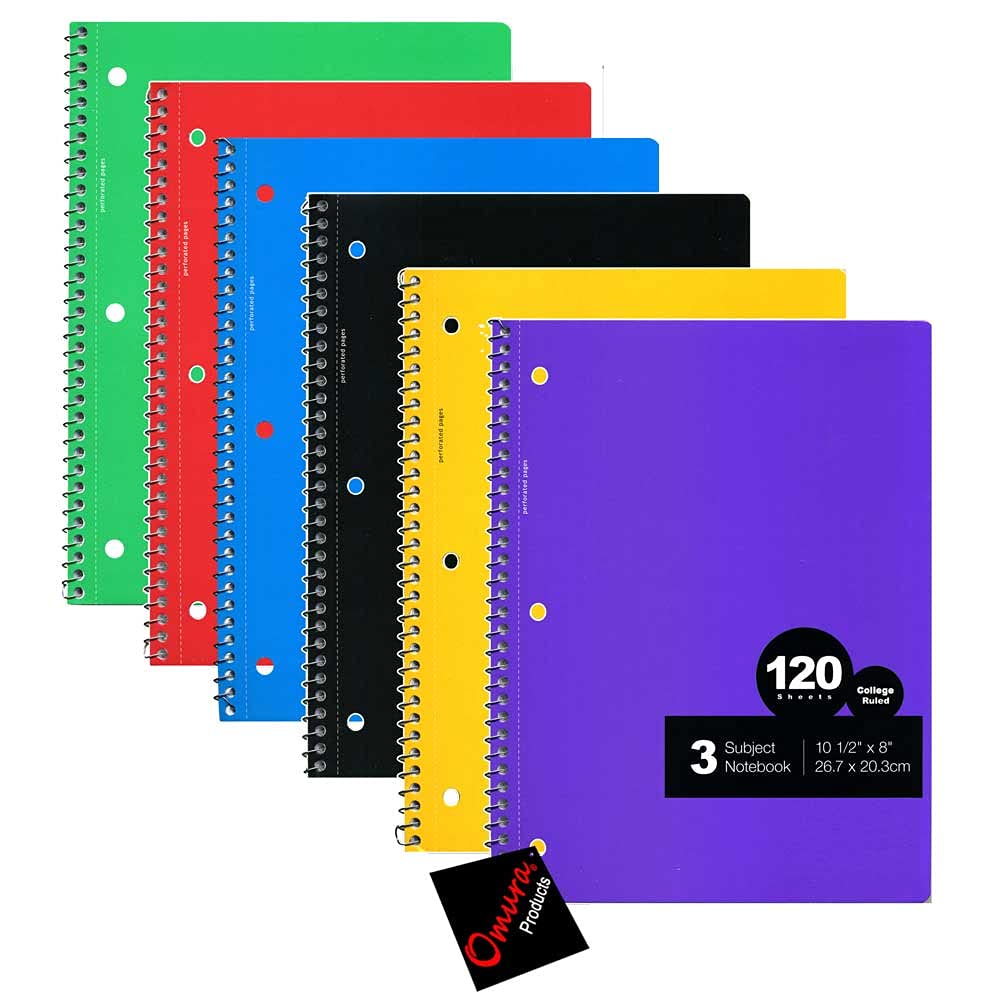 OMURA1-Subject Notebooks, School Supplies, 8'' x 10-1/2'', College Ruled, 70 Sheets Pack 6