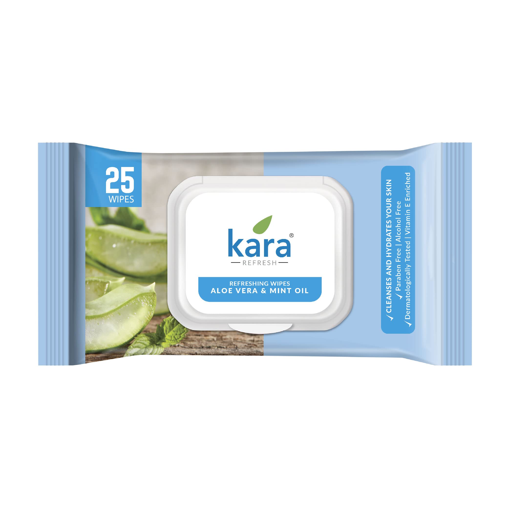 Kara Refreshing Facial Wipes 25 Pulls with Fliptop Lid | Wet Wipes for Face With Aloe Vera, Mint & Vitamin E | Cleansing, Hydrating | Paraben & Alcohol-Free