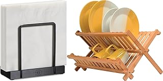 Bambüsi Bamboo Dish Drying Rack & Napkin Holder Set - Foldable 2-Tier Dish Drainer and Modern Paper Napkin Holder