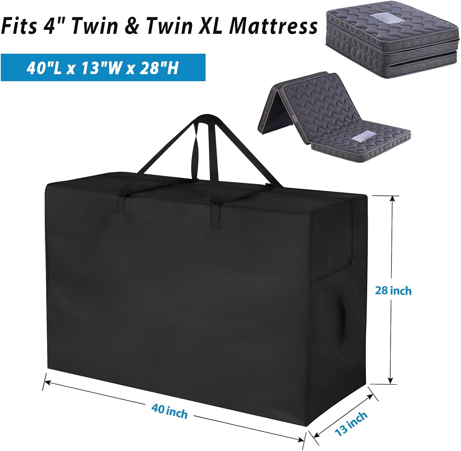 Tri Folding Mattress Storage Bag Twin XL, Foldable Memory Foam Mattress Case, Carry Case for Tri-Fold Guest Bed Mattresses Fits 4 Inch Twin XL (Mattresses NOT Included) - 40"L x 13"W x 28"H