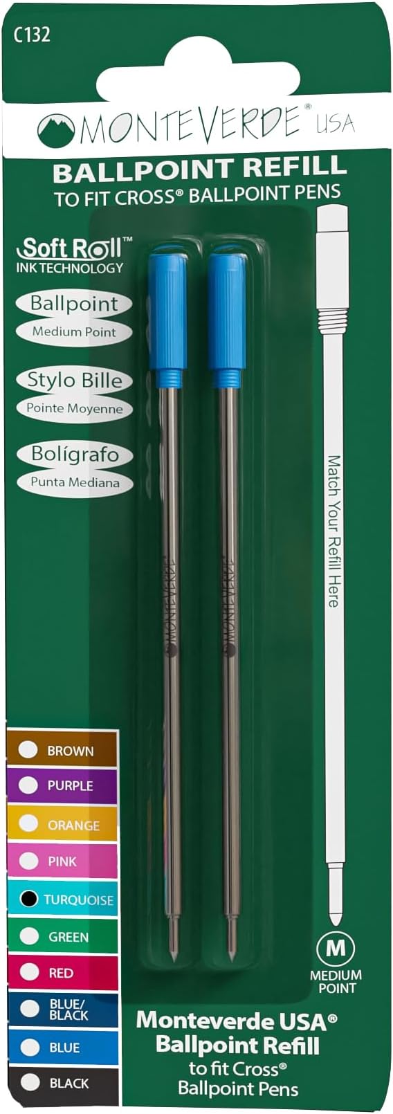 USA Soft Ballpoint Refills to Fit Cross Pens, Medium Point, Turquoise Ink, 2-Pack – Unique and Smooth Writing Performance
