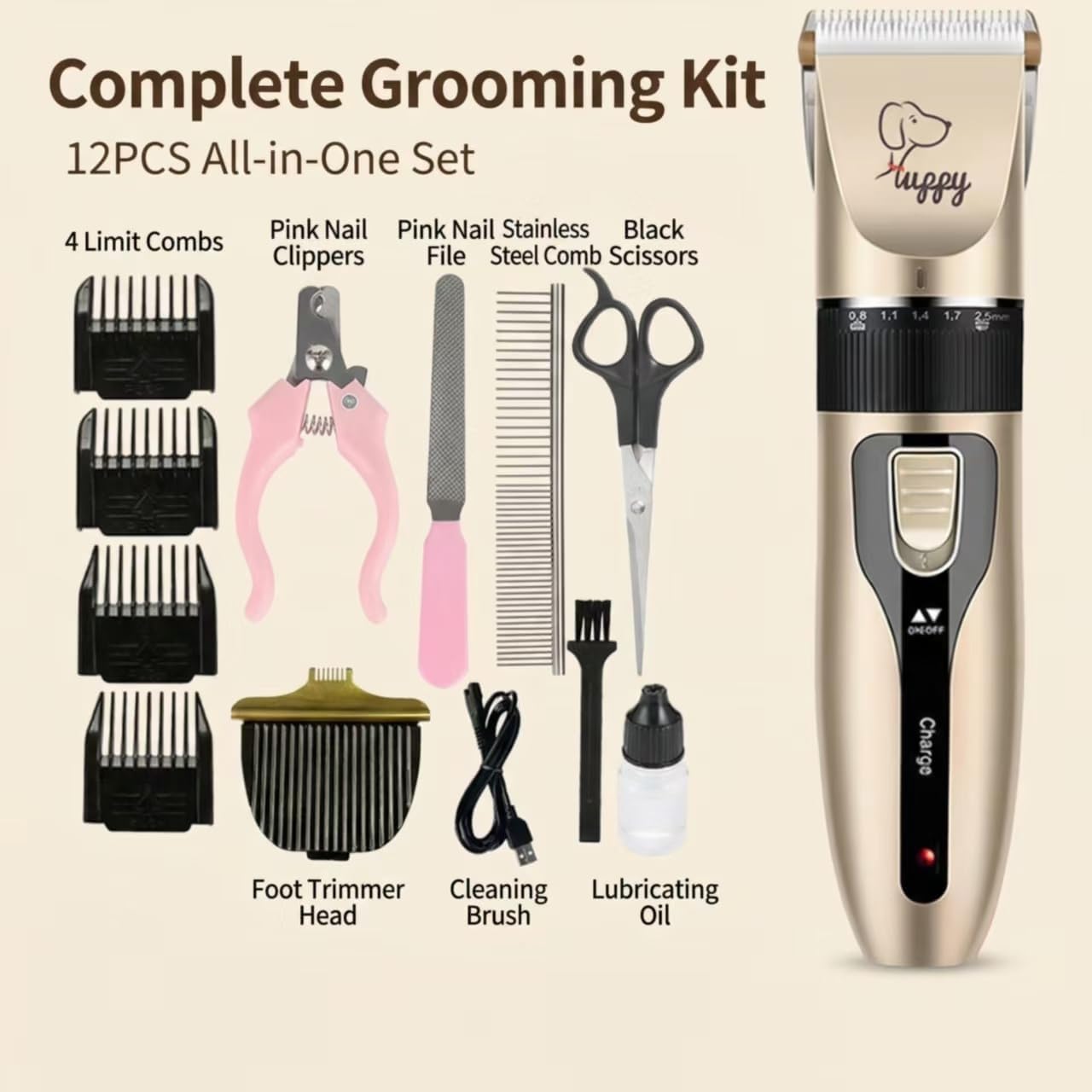 12 PCS Dog，Cat Clipper, Low Noise, Rechargeable Pet Grooming Kit，Pet Shaver Set for Dogs，Cats，Pets