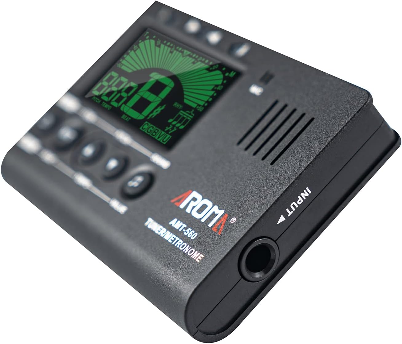 HUIOP AMT-560 Tuner and Metronome with the 6.3mm pickup cable connected.