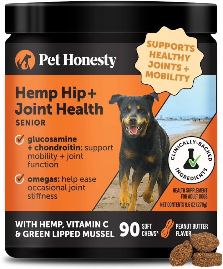 Senior Hemp Hip and Joint Supplement for Dogs – Glucosamine Chondroitin, MSM & Green Lipped Mussel – Relief for Joint Stiffness, Advanced Strength Mobility Support Senior Dogs (Peanut Butter, 90 Ct)