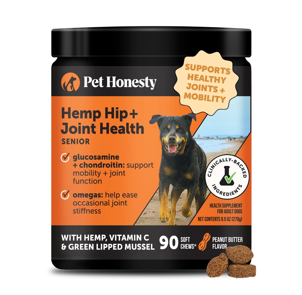 Senior Hemp Hip & Joint Support, Hemp for Dogs, Mobility Support for Senior Dogs, Glucosamine, Collagen, MSM, Green Lipped Mussel, Helps Discomfort (Peanut Butter, 90)