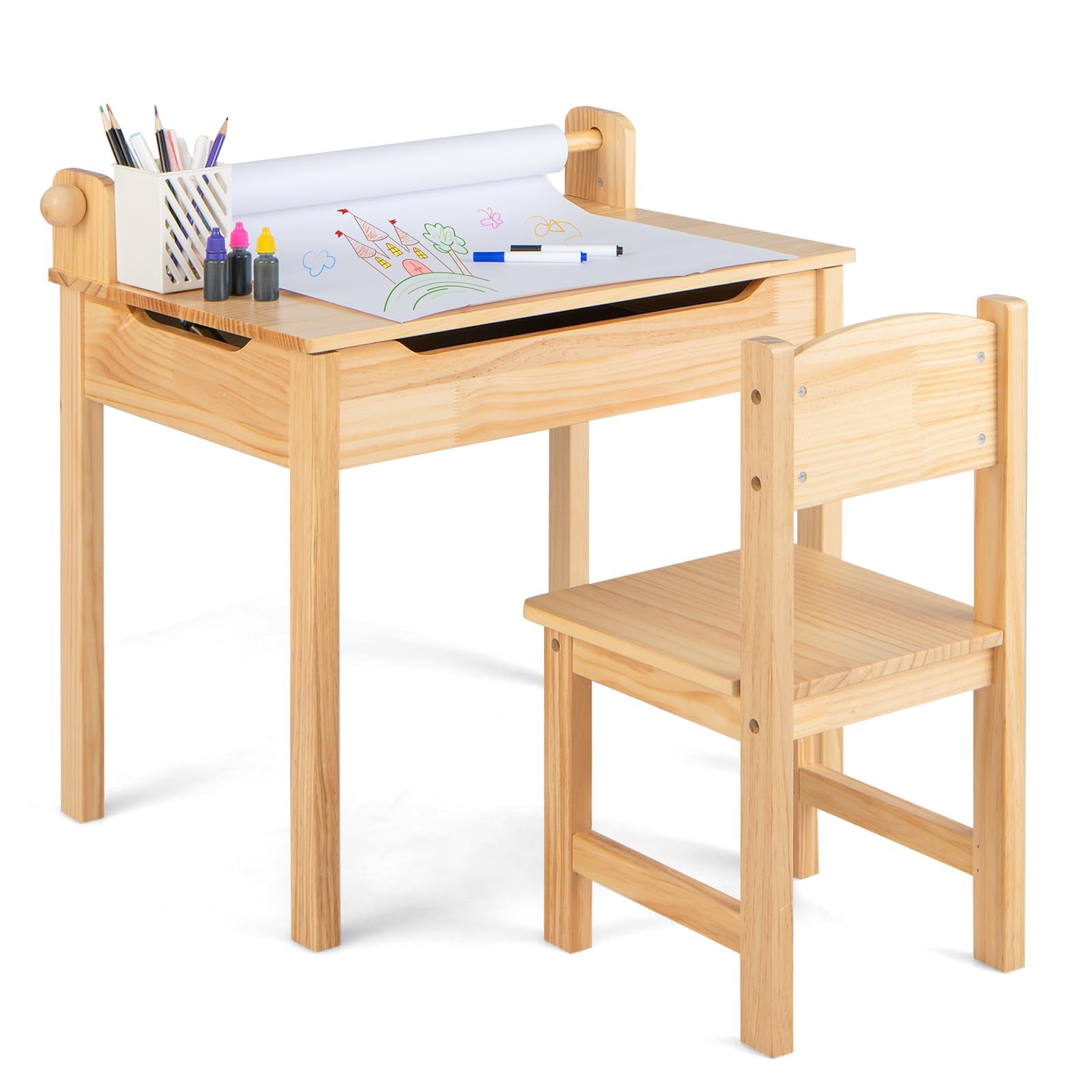 COSTWAY Kinderbureau met stoel, kindertafel met inklapbaar tafelblad, jeugdbureau met papierrolhouder en markeerstiften, schoolbureau voor kinderen vanaf 3 jaar (natuur