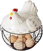 Metal Mesh Wire Egg Storage Basket, Egg Holder Rack Display Stand with Ceramic Farm Chicken Cover And Double Handles7.7
