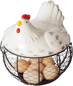 Metal Mesh Wire Egg Storage Basket, Egg Holder Rack Display Stand with Ceramic Farm Chicken Cover And Double Handles7.7" x 9"