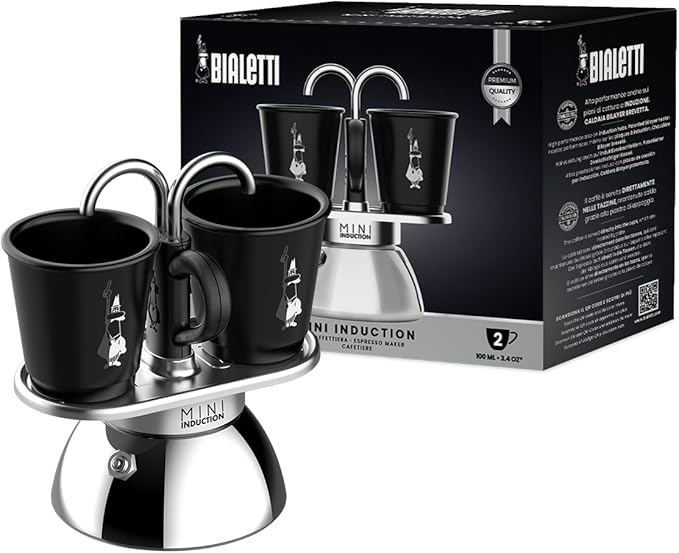 Bialetti Mini Express Induction, Induktionskaffeemaschine, 2 Tassen (100 ml), für alle Herdarten geeignet, Schwarz