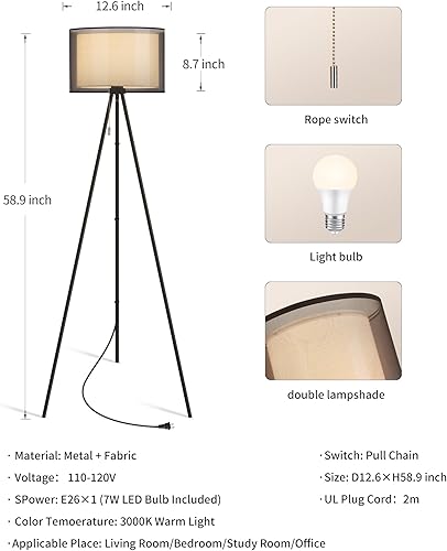 Miniatura 5 de KDG Lámpara de pie moderna para sala de estar, lámpara de pie alta iluminación de esquina, pantalla de tela, bombilla LED, luz de poste brillante,