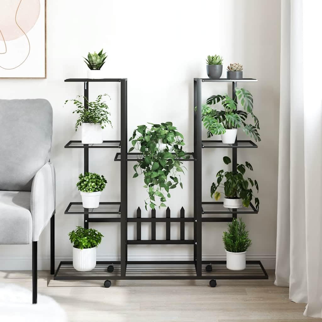 Ogrodnik z kołami 94,5x24,5x91,5 cm Czarne Żelazo | Żelazny stojak na rośliny, stabilny, ruchomy, do wnętrz