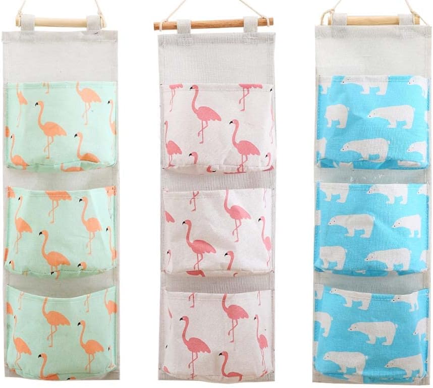 3Pcs Wall Hanging Storage Bag, Over The Door Closet Organizer Cotton Linen Fabric Hanging Pocket Organizer with 3 Big Pockets for Bedroom/Bathroom/Kitchen(yellow+green+grey)