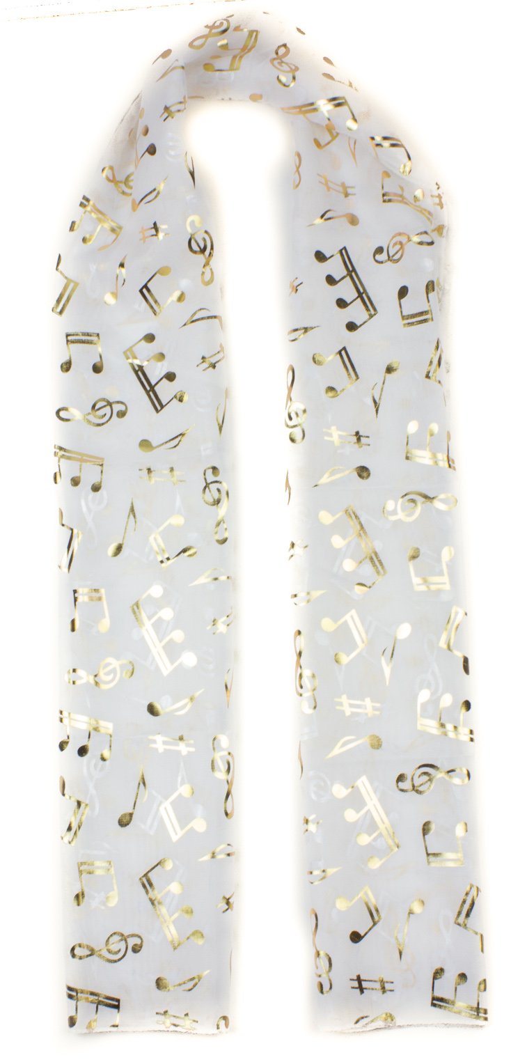 Mytoptrendz® Music Note Scarf for Women Girl Musical Clef Note Printed Neck Wrap for Group Musical Choir Performance School Scarves, Women fashion Sheer Wrap Chiffon Shawl (White - Gold notes)