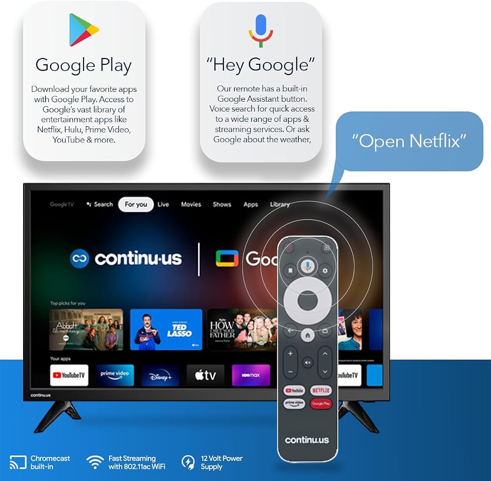 continuus 24" 12V RV Smart TV – Android TV with Google Assistant, Chromecast, and Free Streaming Apps – 720p HD – CT-24TS10