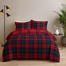 Lions Tartan Check Duvet Cover Set - 100% Polyester - Reversible Double Bedding Bed with Matching Pillowcase, Easy Care Stylish Printed Quit Covers, Red, 200x200cm