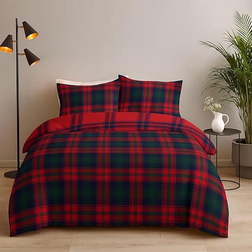 Lions Tartan Check King Size Duvet Cover Set - 100% Polyester - Reversible Bedding Bed with Matching Pillowcase, Easy Care Stylish Printed Quit Covers, 230x220cm - King - Scotish Tartan Check Red